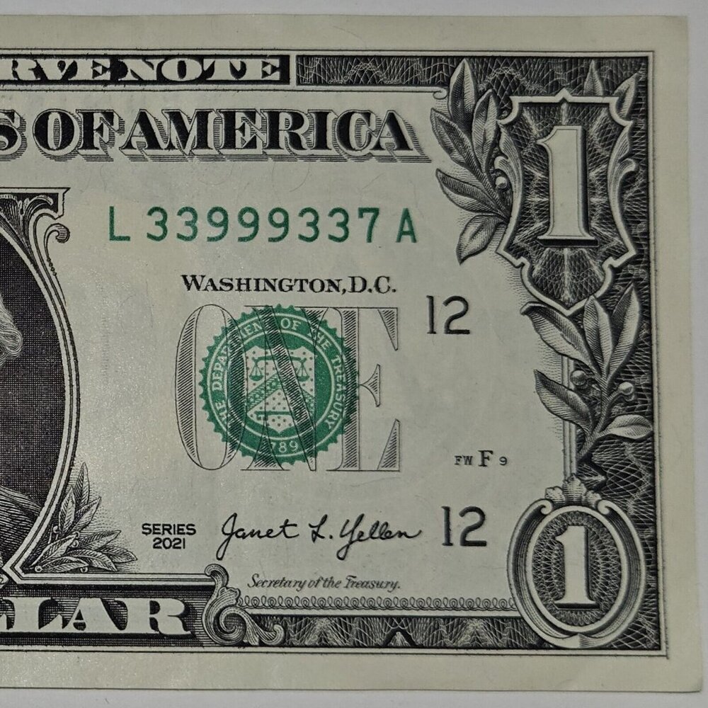 Trinary Note Unc 2021 One Dollar Bill L33999337A‎ Fancy Serial Number (B345)
